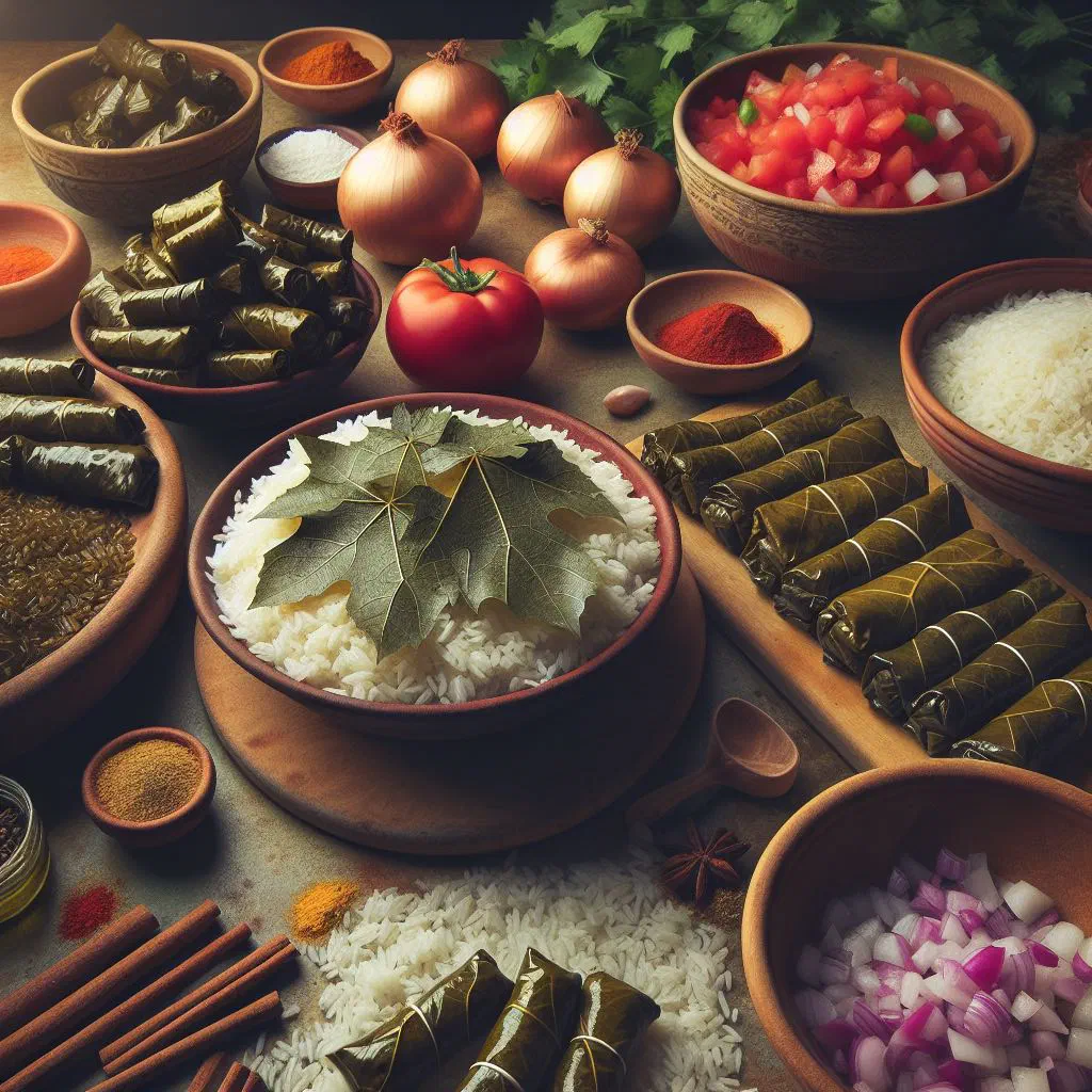 Rolled stuffed vine leaves arranged on a plate with lemon