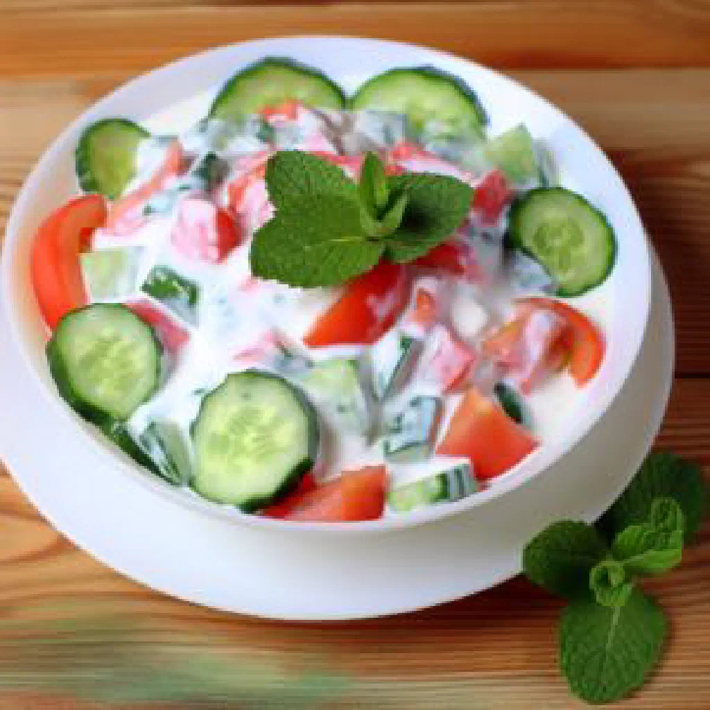 Creamy yogurt salad with cucumber, tomato and fresh mint