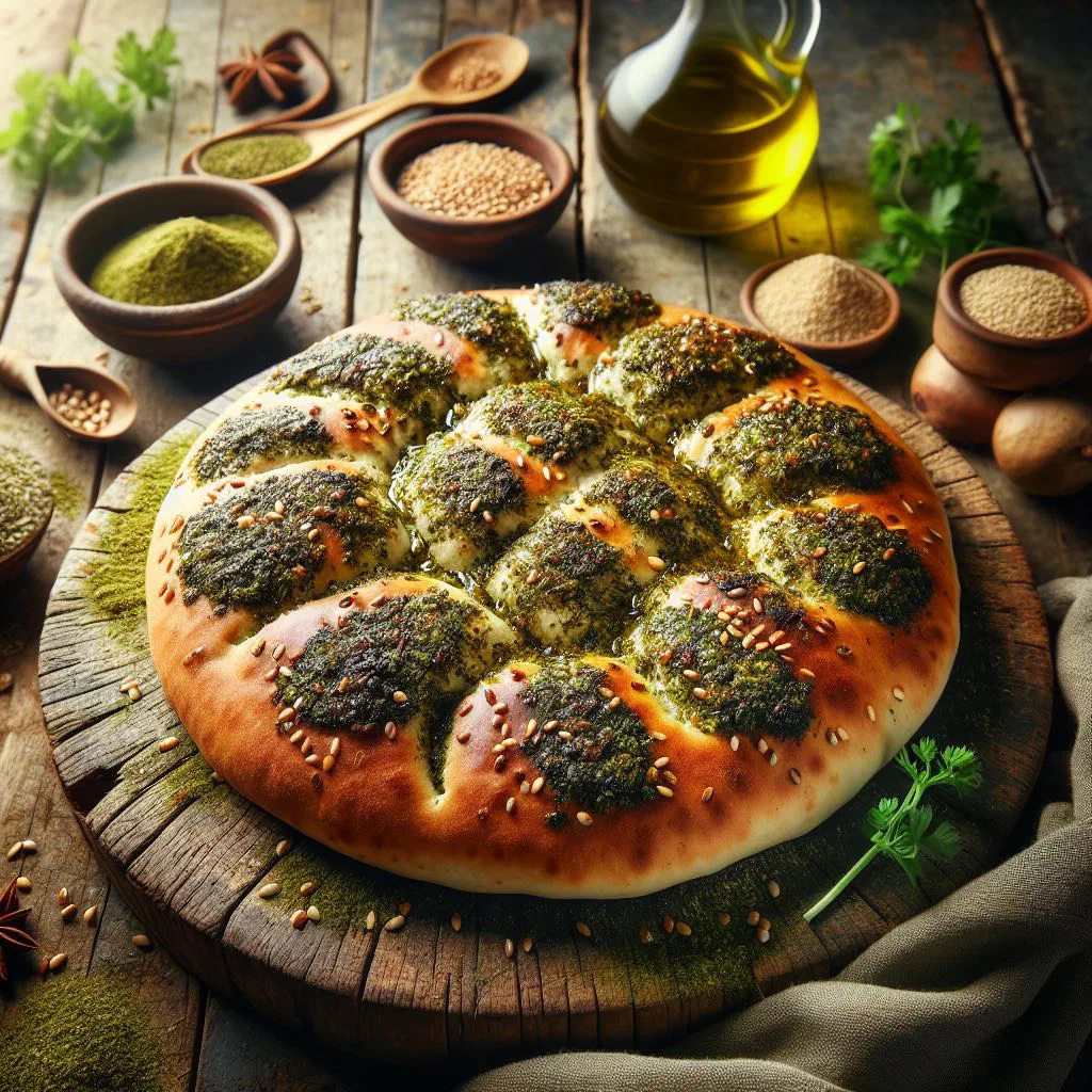Zaatar manakish flatbread topped with herby zaatar, olive oil and sesame