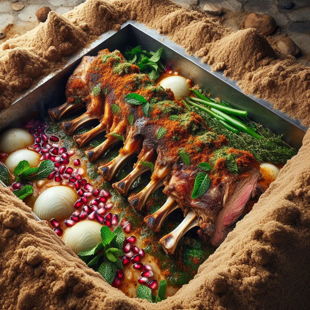Slow-cooked Jordanian zarb lamb served over spiced rice with fresh herbs