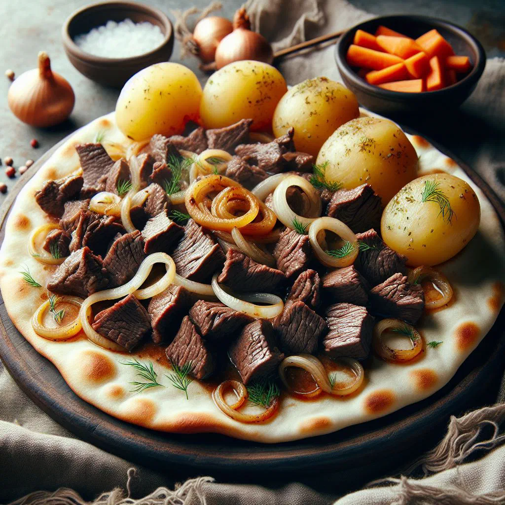 Beef besbarmak with wide flat noodles and onion broth on a large platter