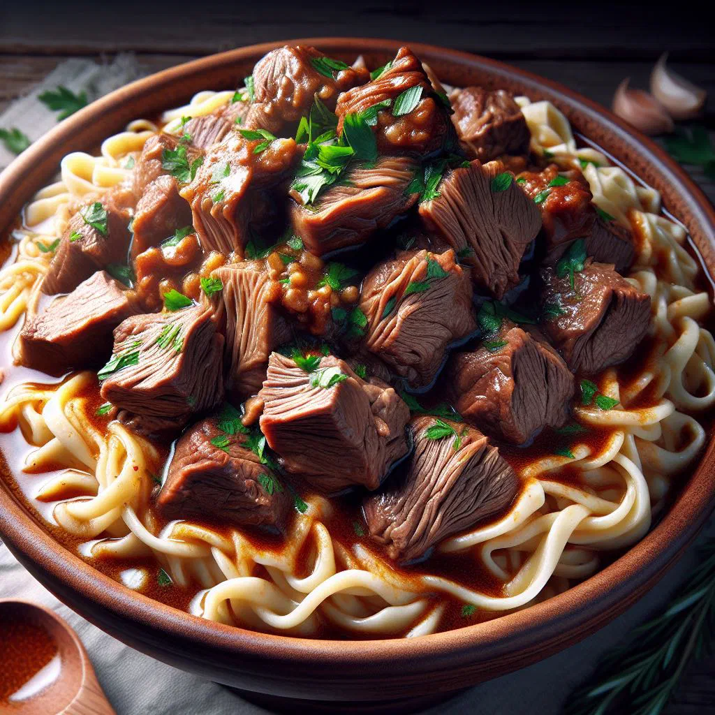 Besbarmak with horse meat and flat noodles served in onion broth