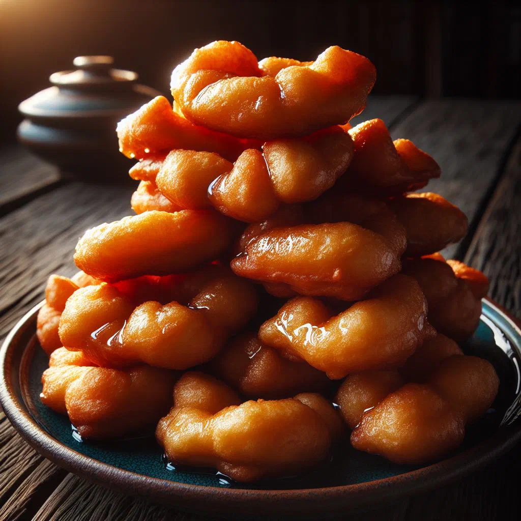 Golden fried boortsog dough pieces piled on a serving plate