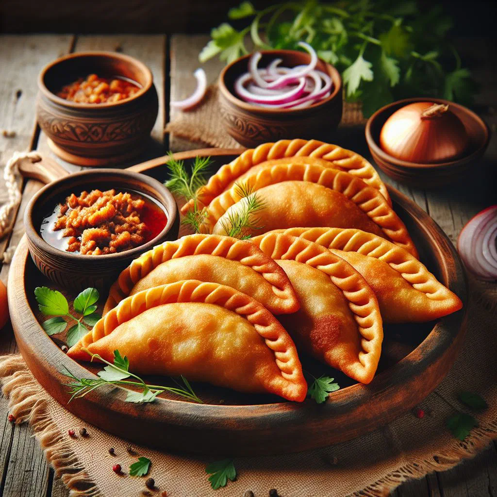 Golden deep-fried chebureki turnovers filled with minced meat