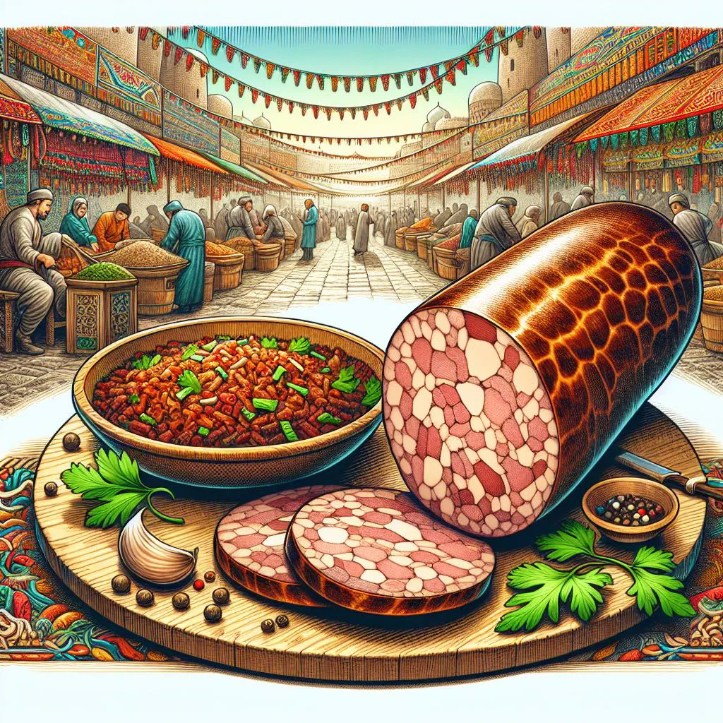 Sliced Kazakh chuchuk sausage served with fresh bread and vegetables