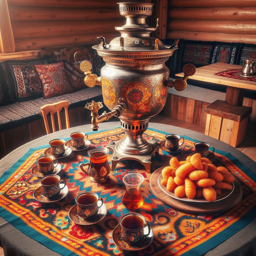 A steaming cup of Kazakh tea with milk served in a traditional bowl