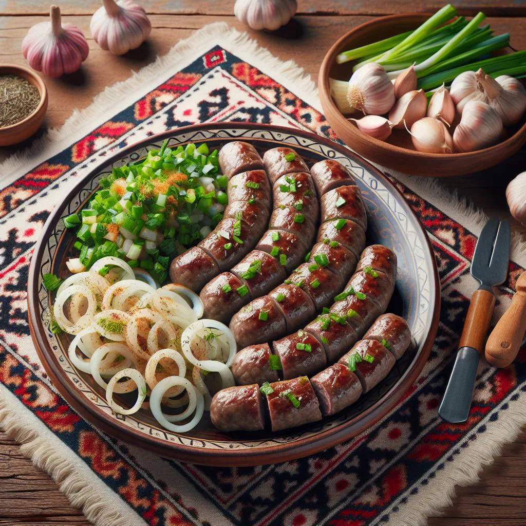 Sliced Kazy horse-meat sausage arranged on a wooden board