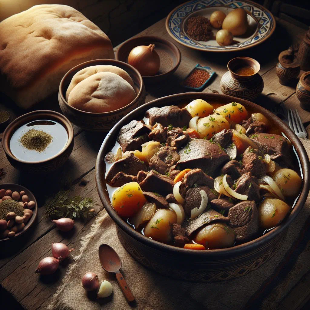 Kuyrdak with tender meat, potatoes and onions in a rustic bowl
