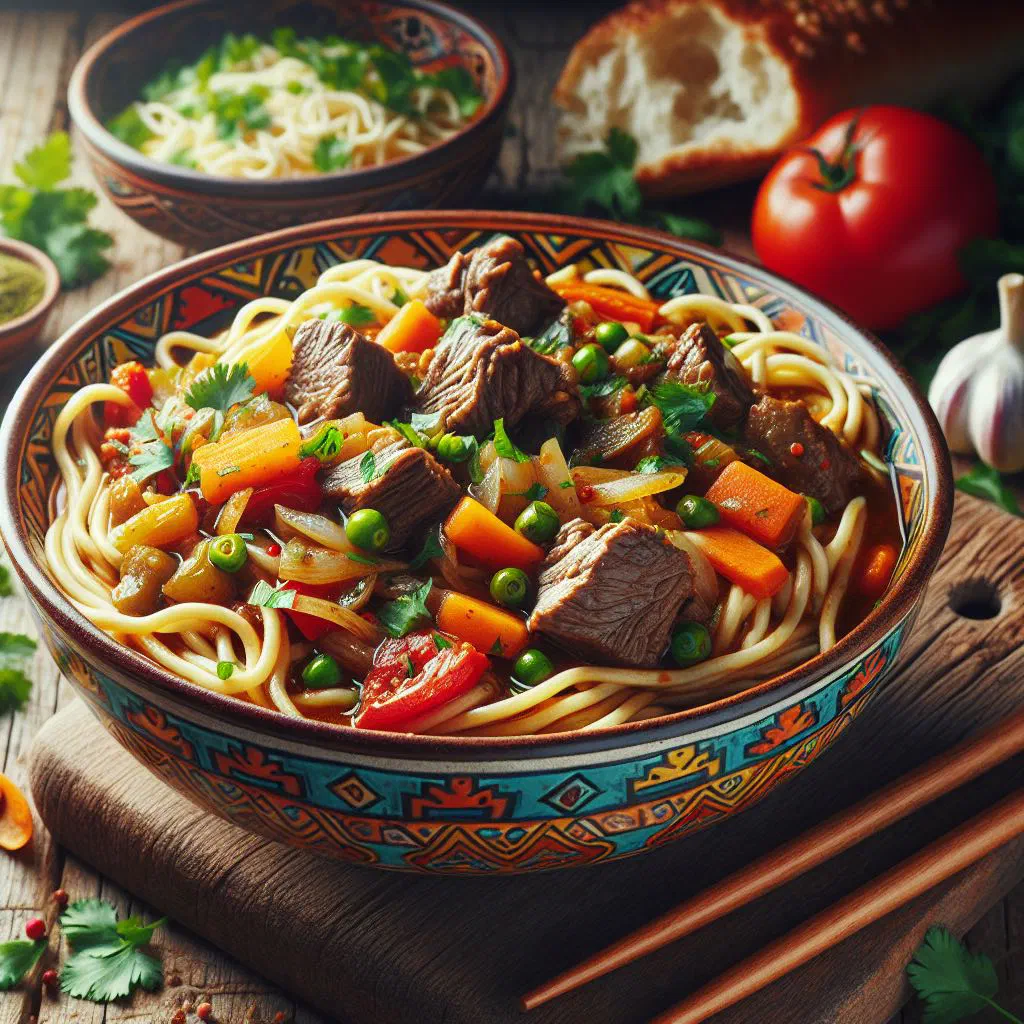 Bowl of Lagman with hand-pulled noodles, tender meat and fresh vegetables