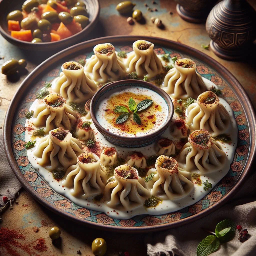 Steamed manti dumplings served with fresh herbs