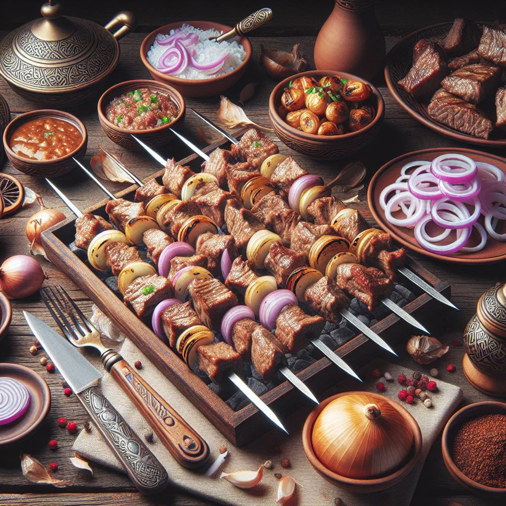 Skewers of grilled marinated shashlik with onions and fresh herbs