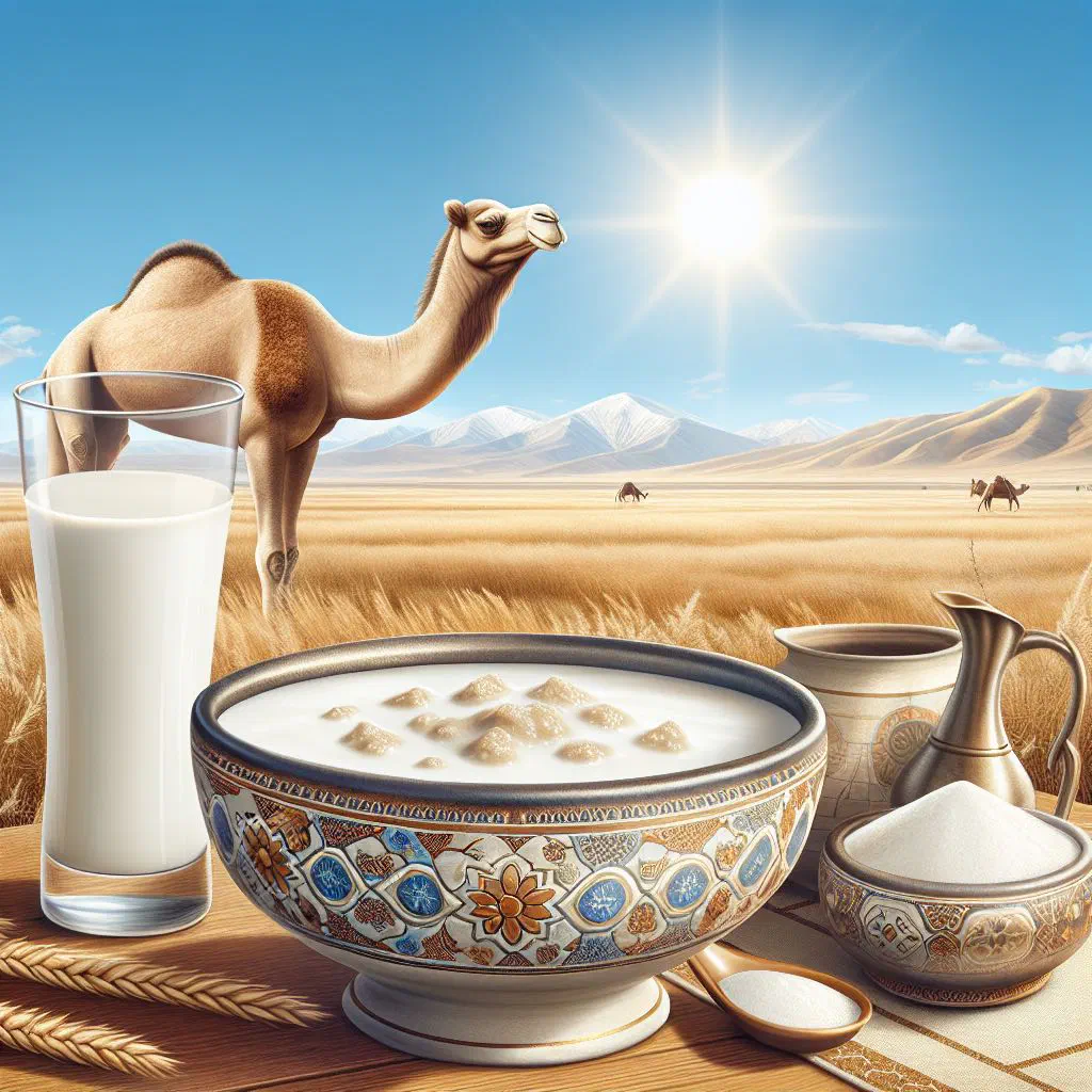 A glass of creamy fermented camel milk shubat garnished with mint