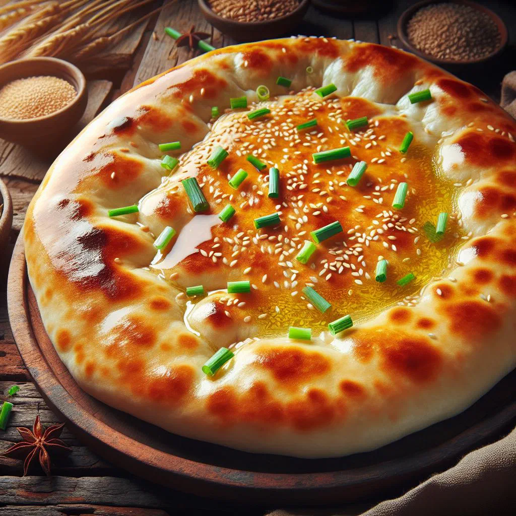 Round Kazakh tabaq nan flatbread with a golden-brown crust