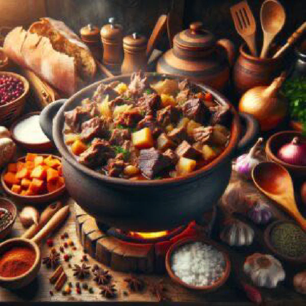 Bowl of Talqan with buckwheat, tender meat and carrots, garnished with fresh herbs