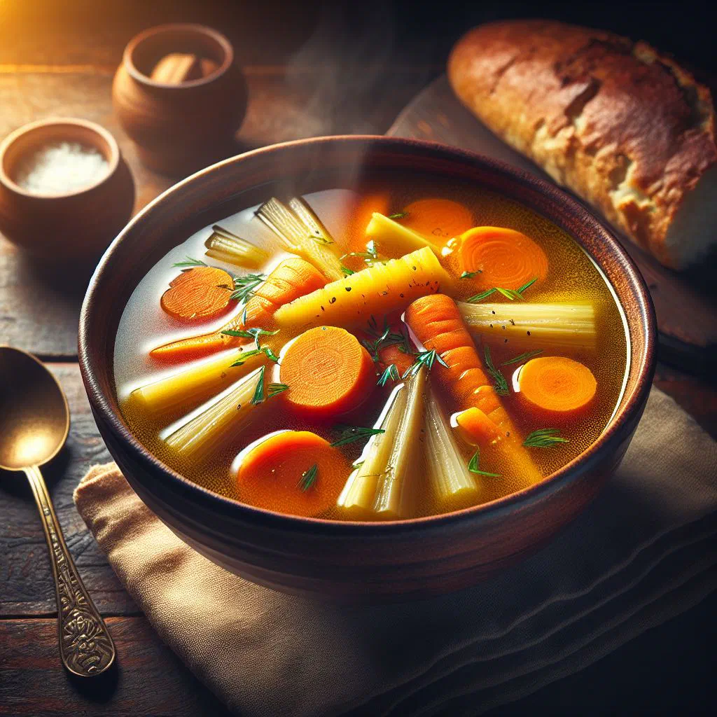 Bowl of Kazakh ulan soup with tender meat, vegetables and fresh herbs