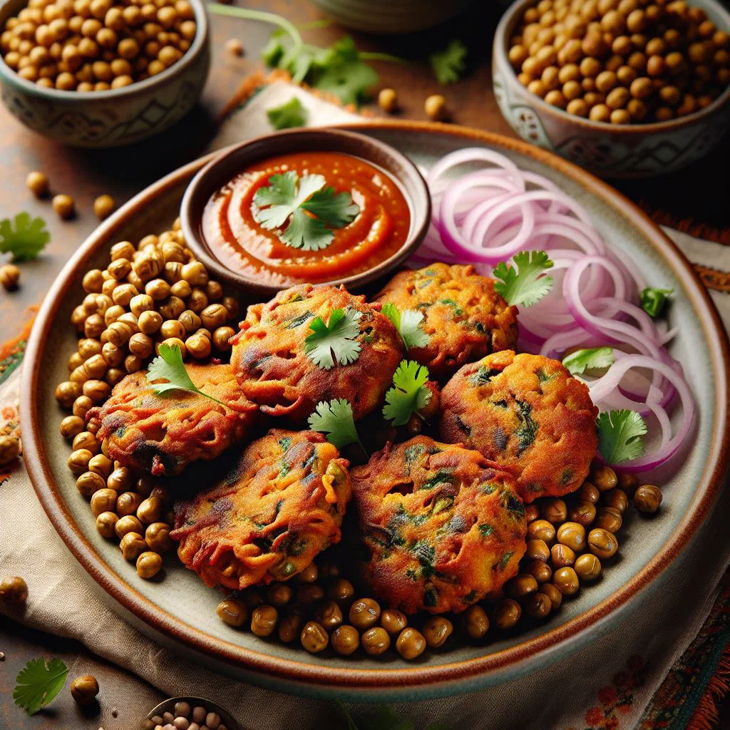 Golden Kenyan chickpea fritters piled on a plate with a dipping sauce
