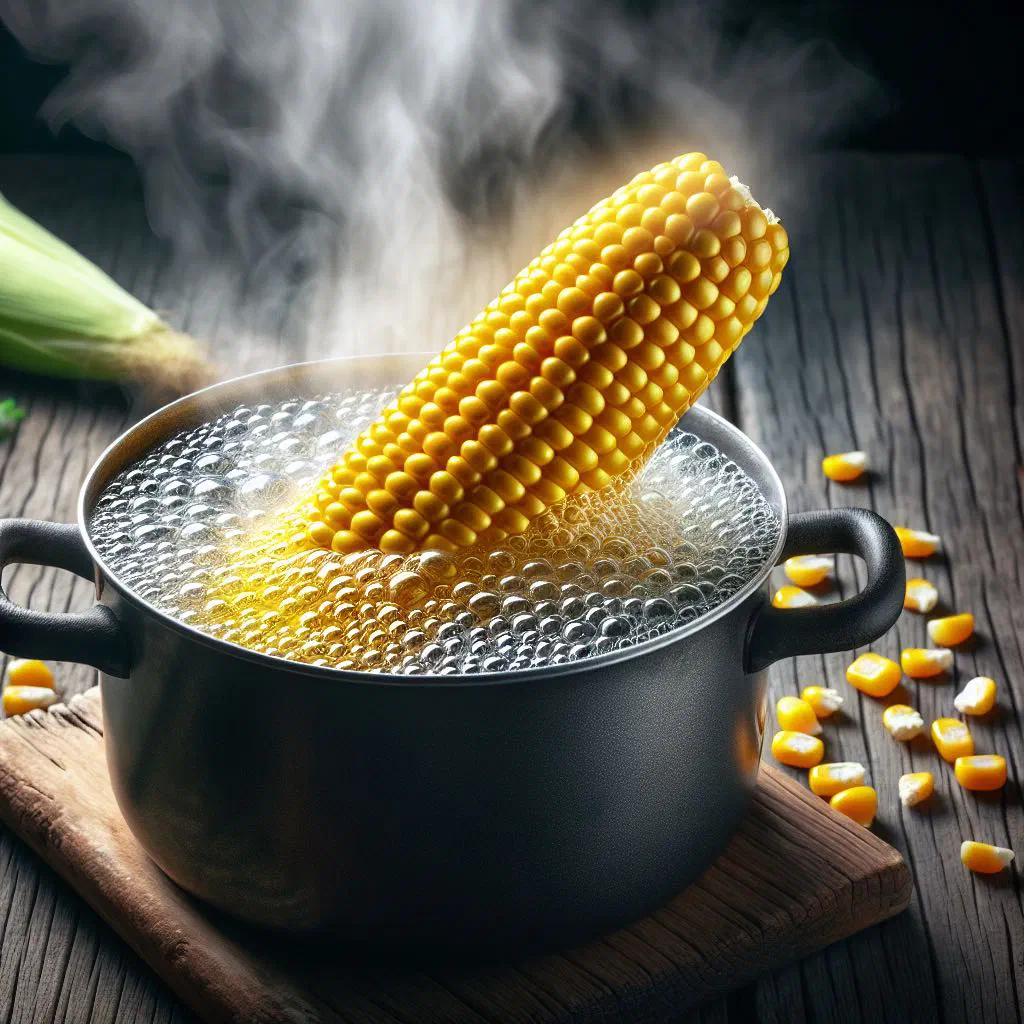 Boiled corn on the cob served warm with a sprinkle of salt