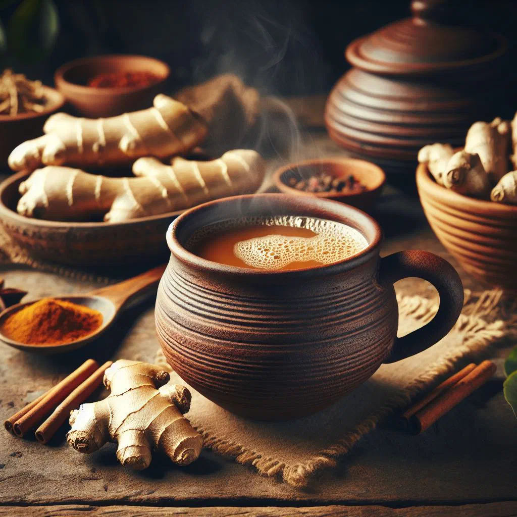Steaming cup of Kenyan ginger spiced milk tea with fresh ginger and cinnamon