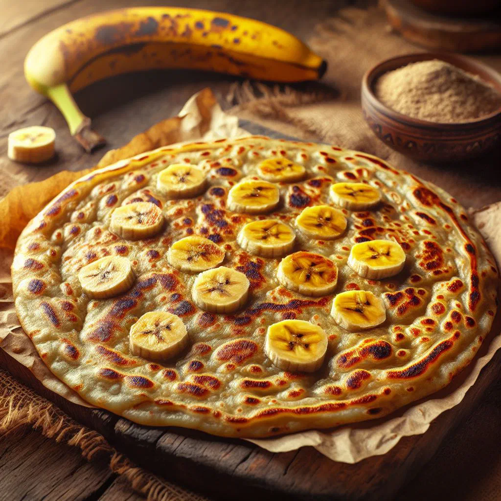 Golden banana chapatis stacked on a plate with fresh bananas