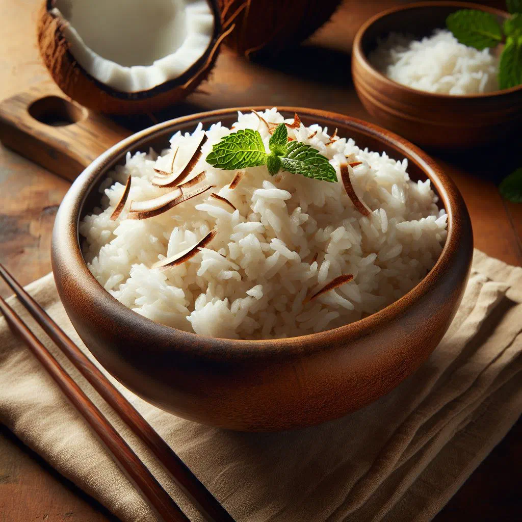 Fluffy coconut rice in a bowl garnished with fresh coriander