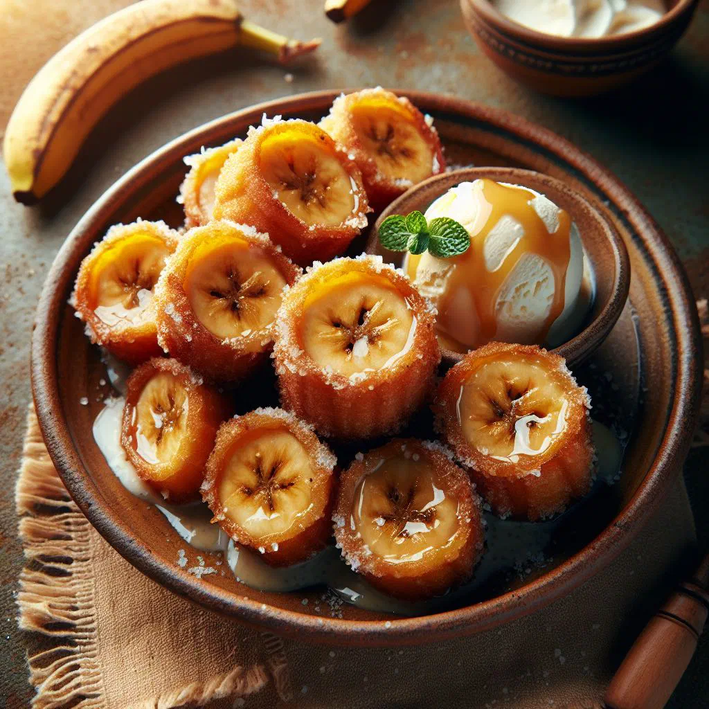 Golden fried banana slices dusted with cinnamon sugar on a plate