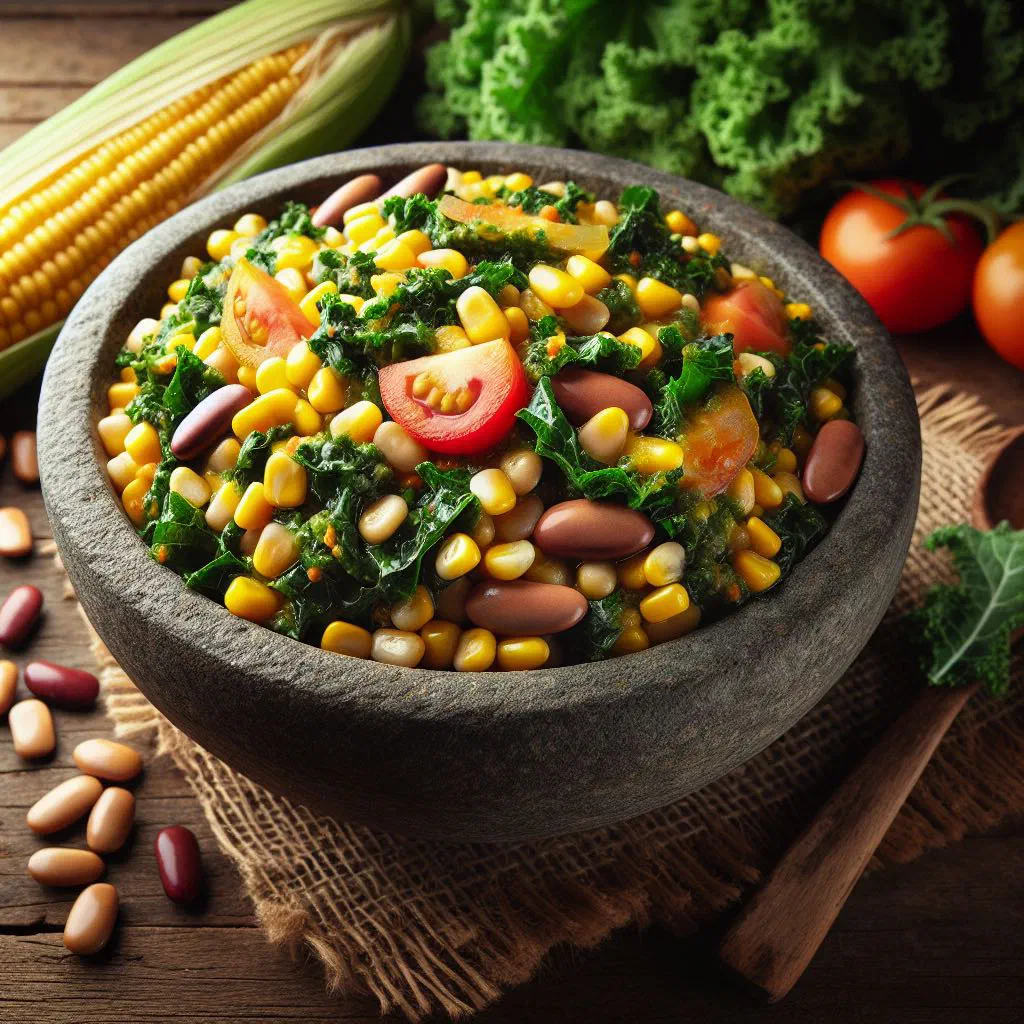 Bowl of Kenyan githeri with beans, maize kernels and fresh coriander