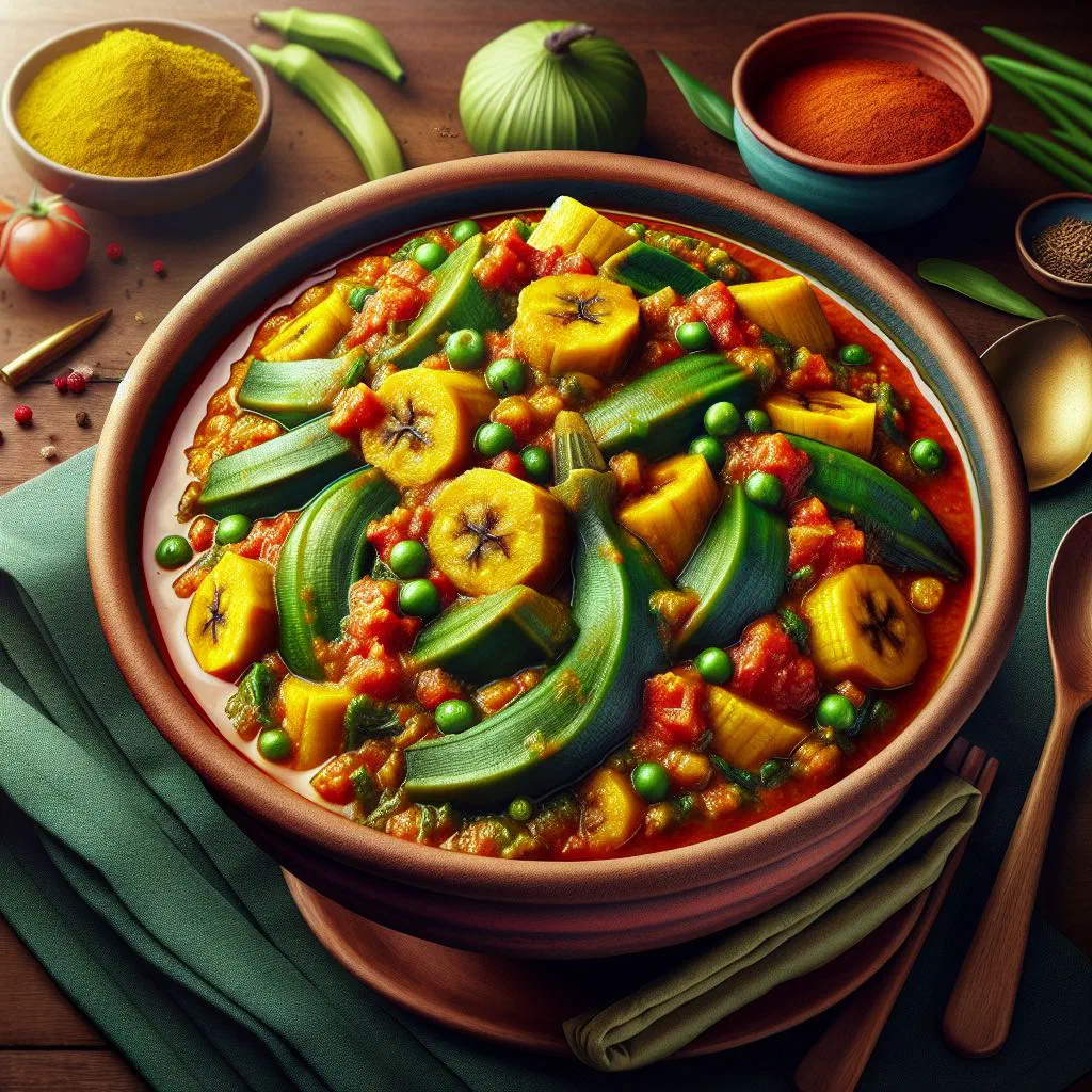 Kenyan matoke stew with green bananas, tomatoes and peppers in a bowl
