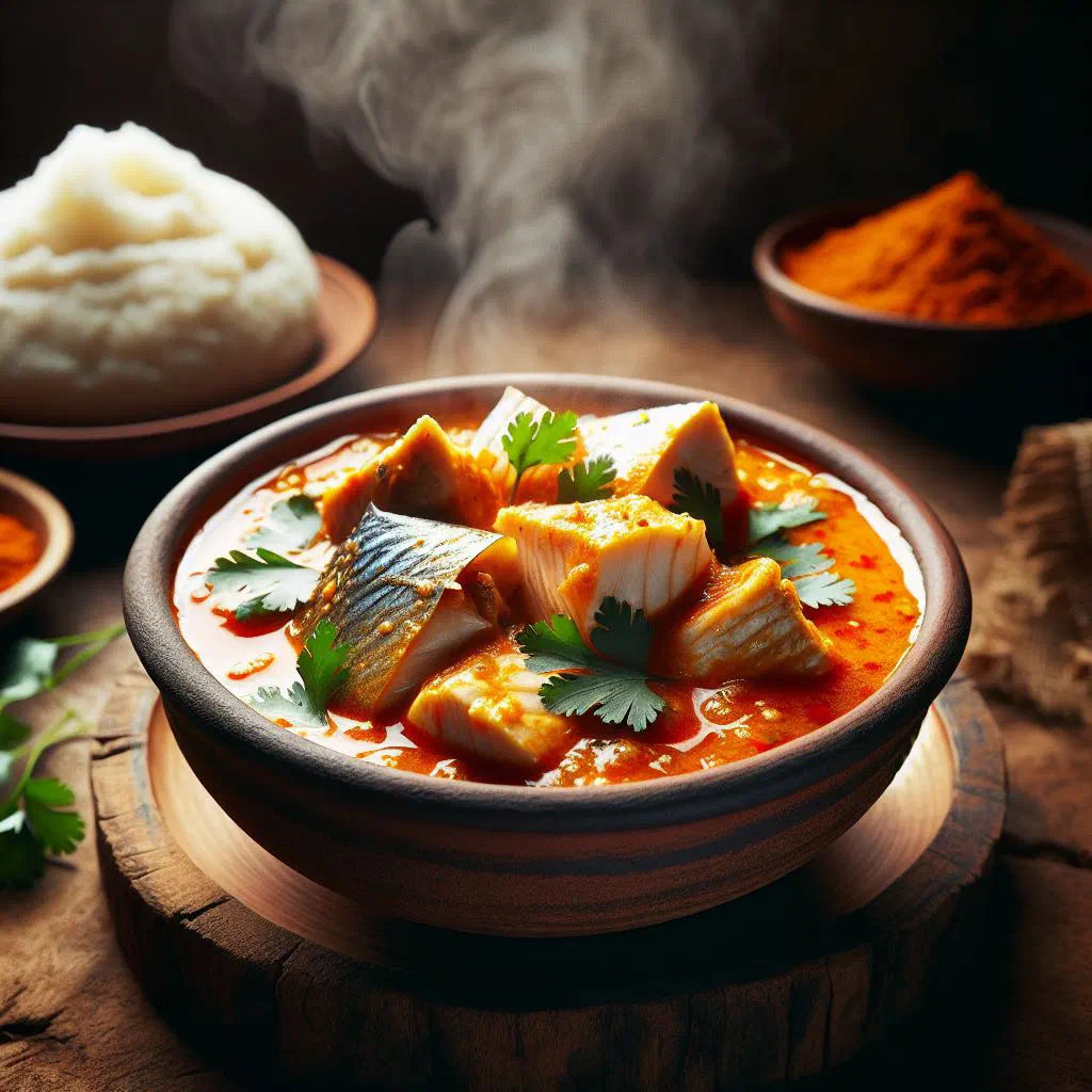 Kenyan fish curry in coconut sauce with tomatoes and fresh coriander