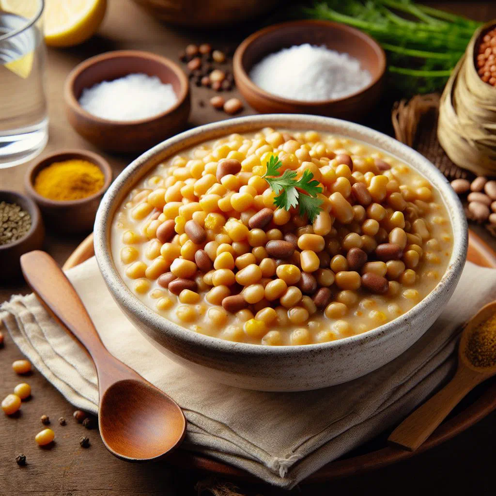 Bowl of Kenyan muthokoi with maize, beans and tomato