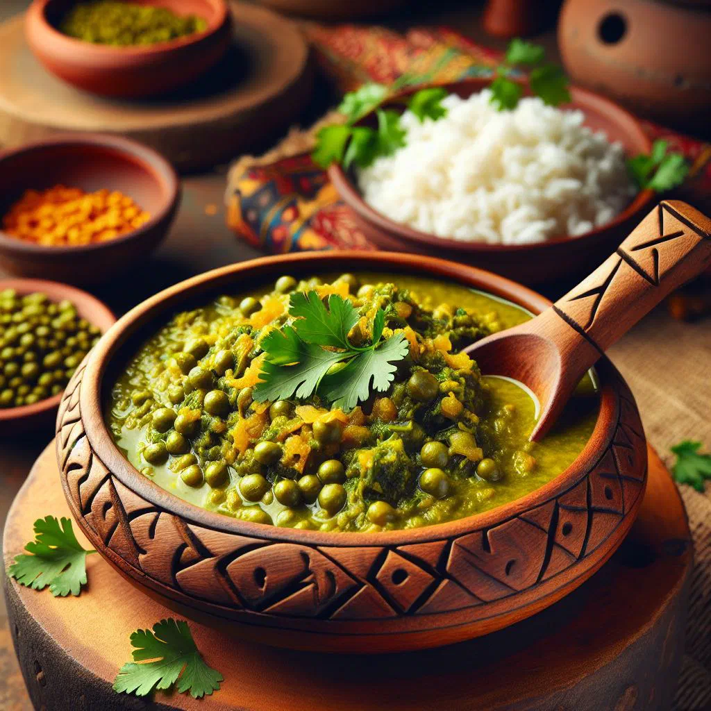Kenyan ndengu curry with green mung beans in coconut sauce, garnished with coriander