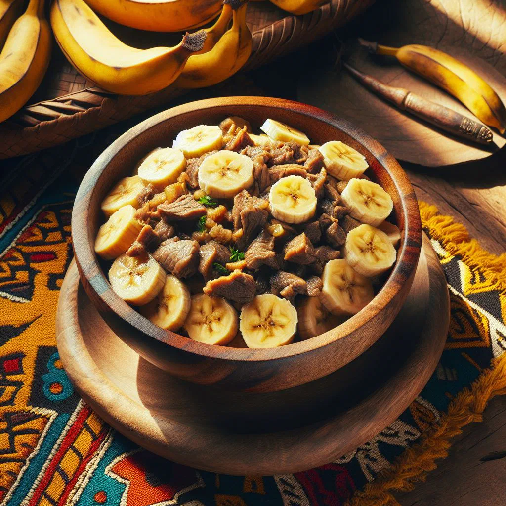 Kenyan ndizi na nyama stew with banana slices and tender beef