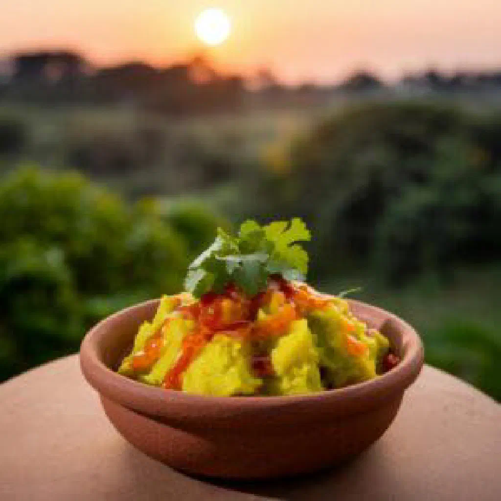 Bowl of mashed Kenyan nduma topped with fresh coriander