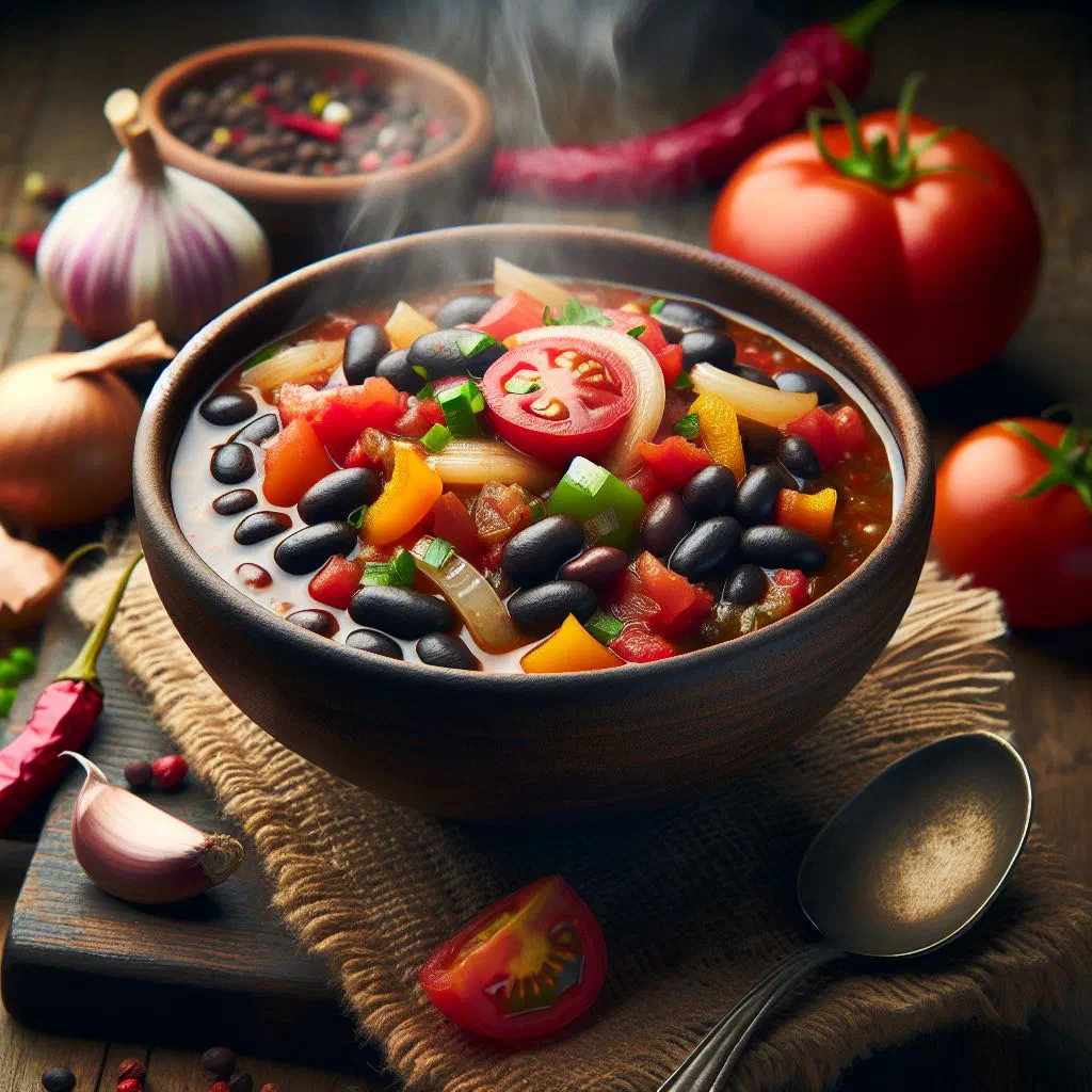 Bowl of Kenyan njahi stew with black beans, carrots and fresh herbs