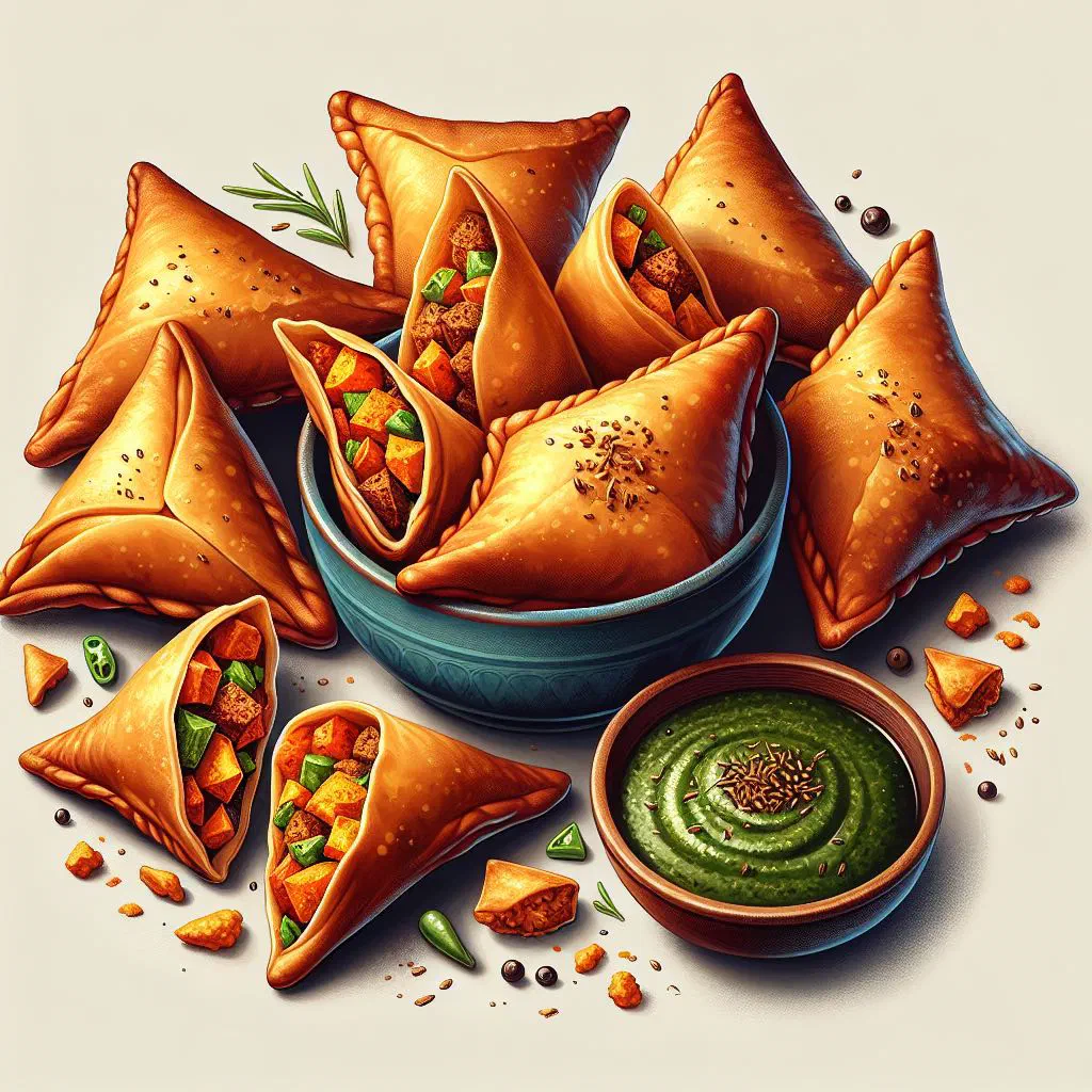 Golden deep-fried sambusa triangles served with fresh herbs and dipping sauce