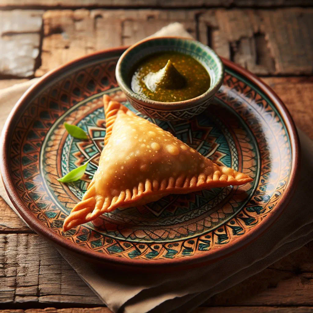Golden crispy samosas on a plate with fresh herbs and dipping sauce