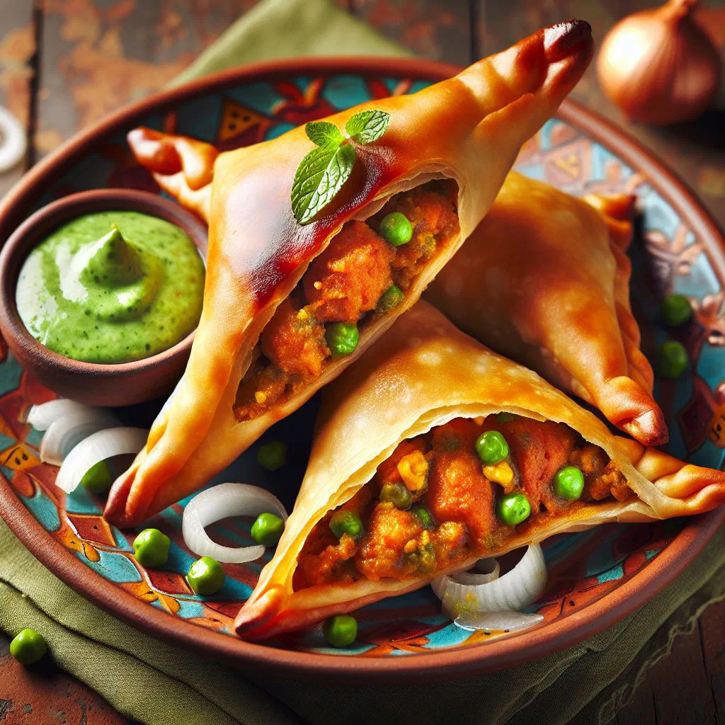 Golden fried chicken samosas served with fresh coriander and dipping sauce