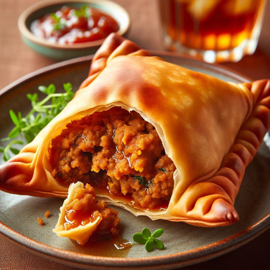 Golden deep-fried Kenyan meat samosas on a plate with fresh coriander