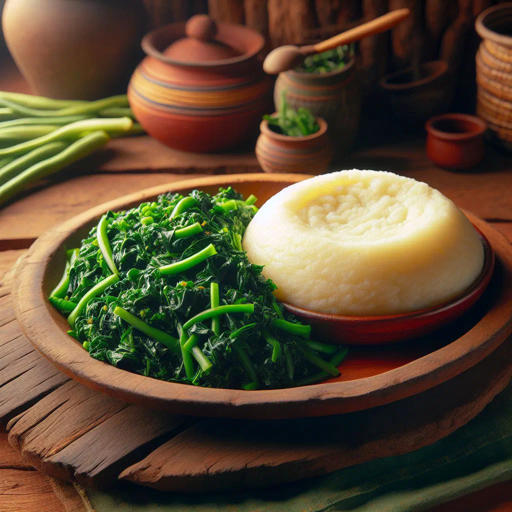 Ugali served with sautéed sukuma wiki greens on a plate