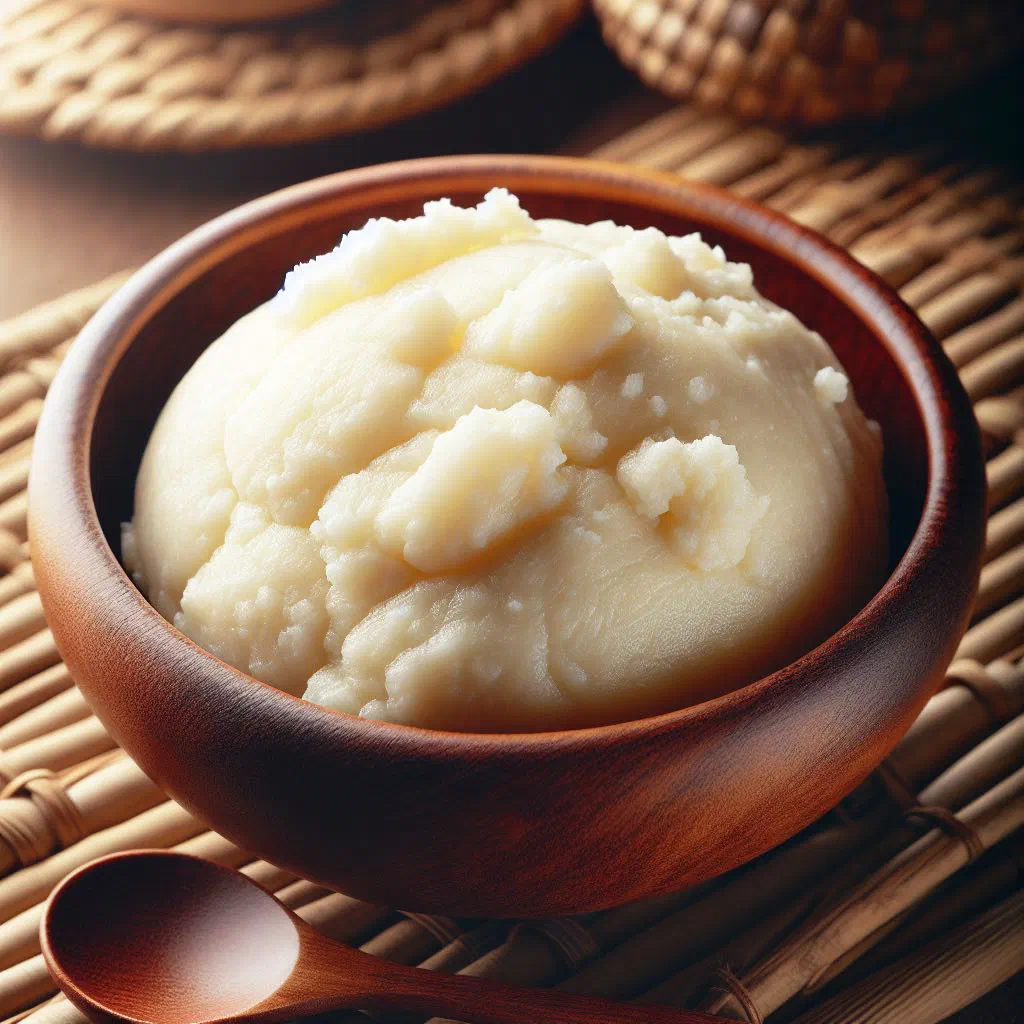A firm mound of white ugali on a plate beside a vegetable stew