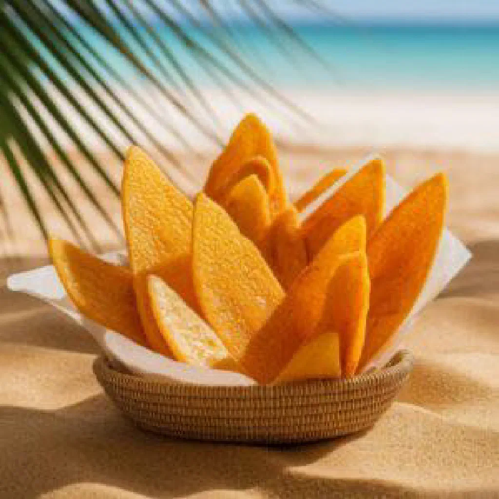 Golden, crisp breadfruit chips sprinkled with salt in a bowl