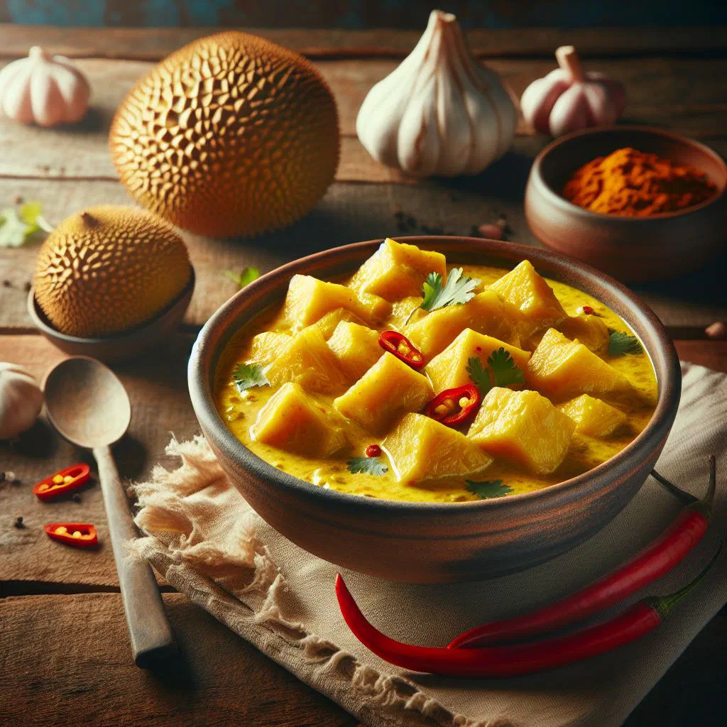 Creamy breadfruit curry in coconut milk garnished with fresh coriander