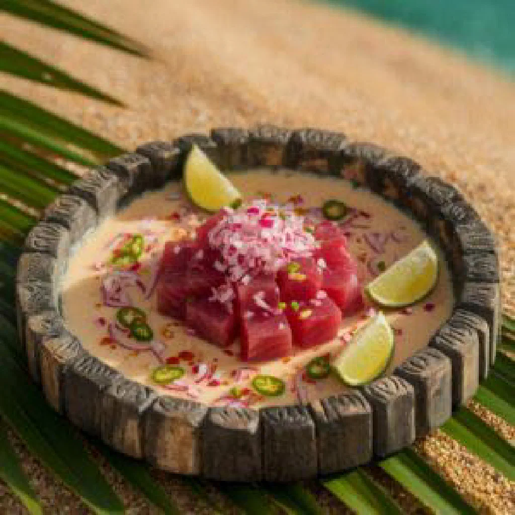 Bowl of ika mata with diced fish, tomato and cucumber in coconut milk