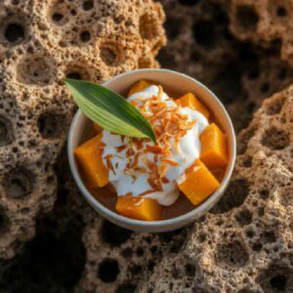 Bowl of tender pumpkin cubes in creamy coconut sauce