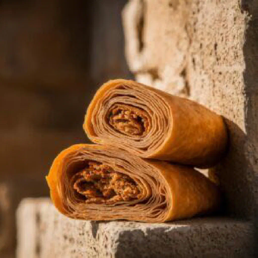 Golden, flaky burek cut into slices on a plate