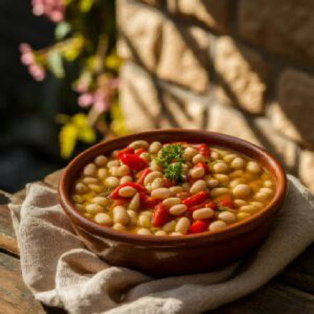 A rustic bowl of Kosovan pasul white bean soup garnished with fresh herbs