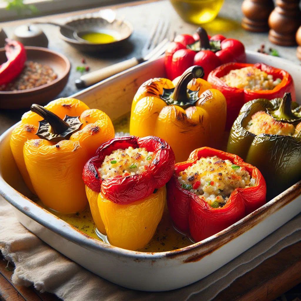 Baked red peppers stuffed with cheese and rice on a plate