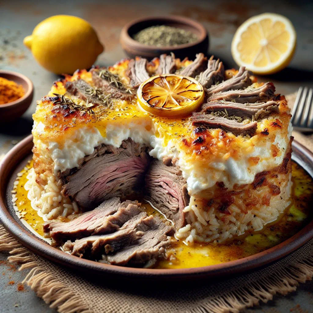 Baked Tavë Kosi with tender lamb under a golden yoghurt topping