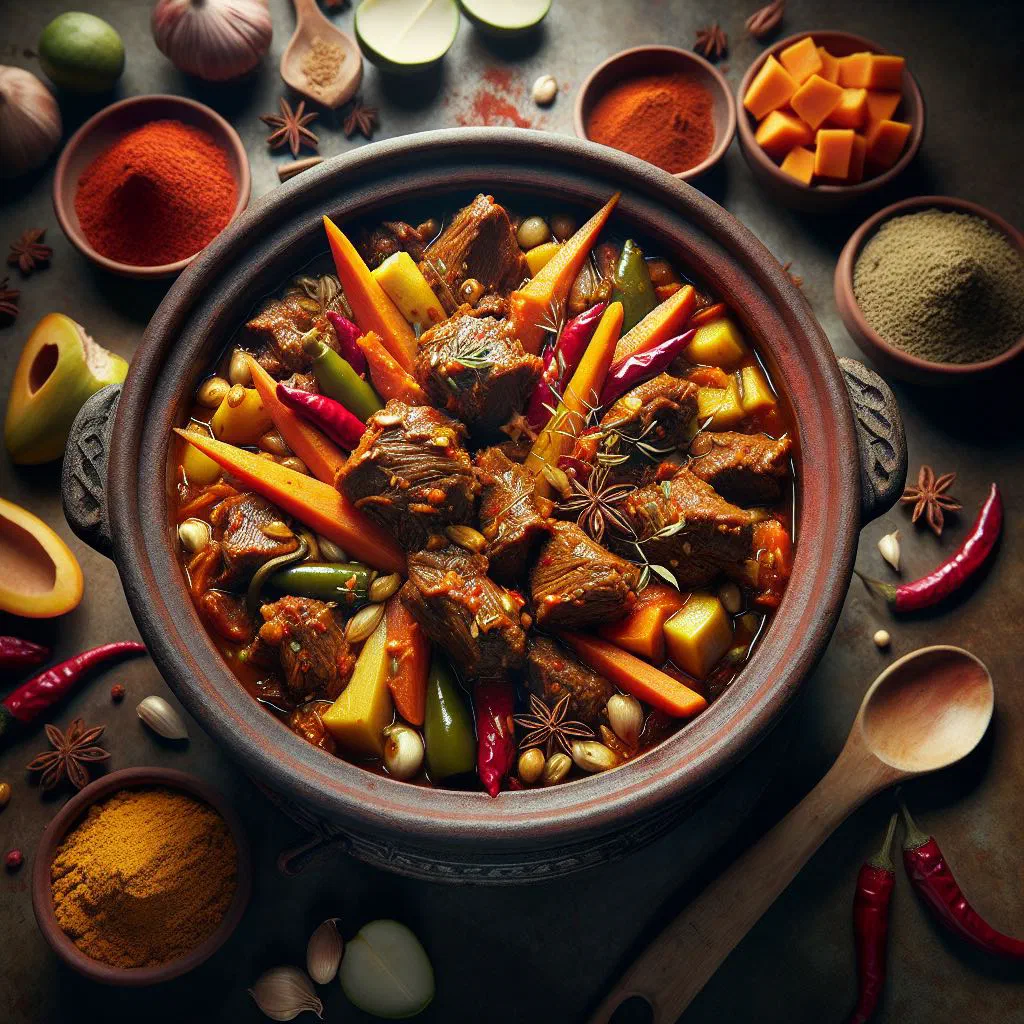 Achar gosht with tender lamb in a spiced pickle sauce, garnished with fresh coriander