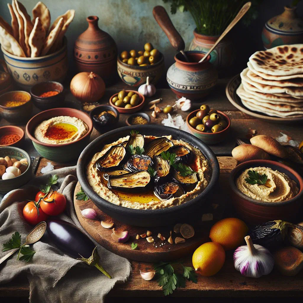 Creamy baba ghanoush in a shallow bowl with olive oil and parsley