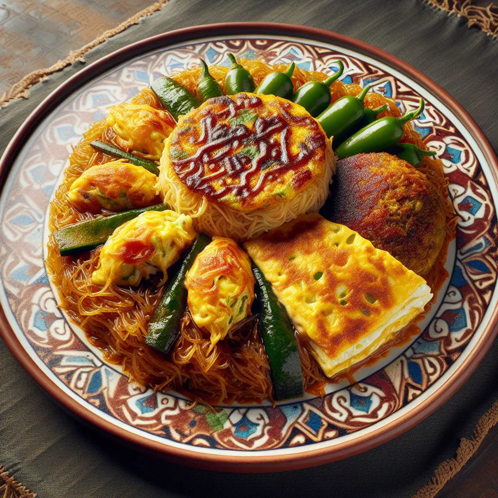 Baked balaleet mahshi with sweet vermicelli and spiced minced meat, topped with chopped nuts